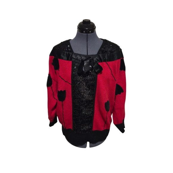 Vintage Sweaters - Vintage 80s Red Black Sequin Floral Tulip Cardigan Sweater Women's Plus Size 1X
